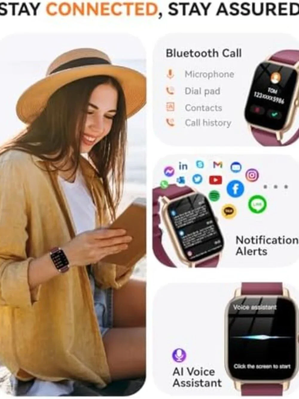 Stylish Waterproof Smart Watch for Fitness Tracking, Sleep Monitor, Compatible
